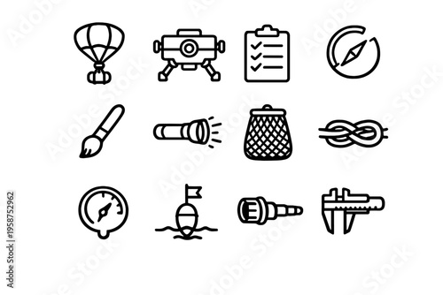 A set of twelve black line icons on a white background featuring