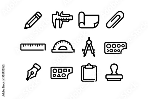 A collection of twelve minimalist black line icons representing