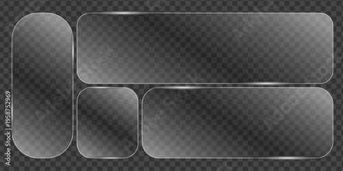 set of transparent glass on sample background. Glass framework set. Glass square, rectangular and round buttons on checkered background. Vector illustration