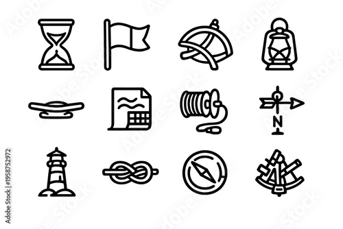 A collection of twelve maritime and nautical line icons including a
