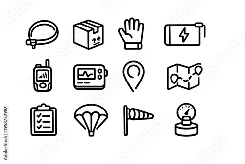A set of twelve minimalist black line icons representing logistics