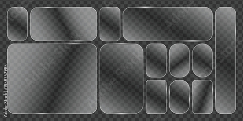 set of transparent glass on sample background. Glass framework set. Glass square, rectangular and round buttons on checkered background. Vector illustration