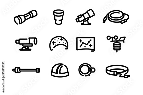 A set of twelve minimalist line icons featuring astronomy equipment