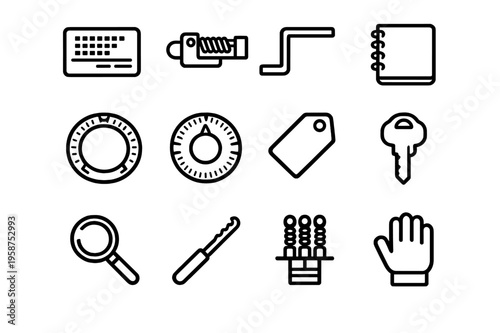 A set of twelve minimalist black and white line icons representing