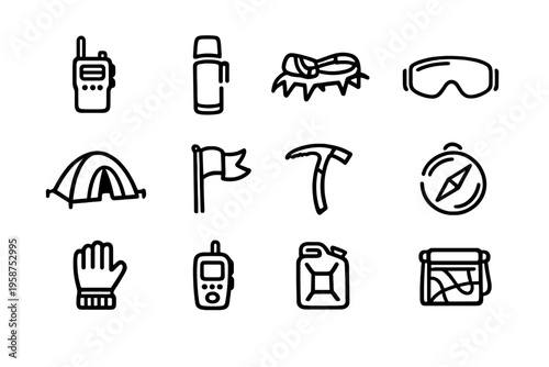 A collection of twelve minimalist black line icons representing