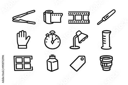 A collection of twelve hand-drawn icons representing analog film