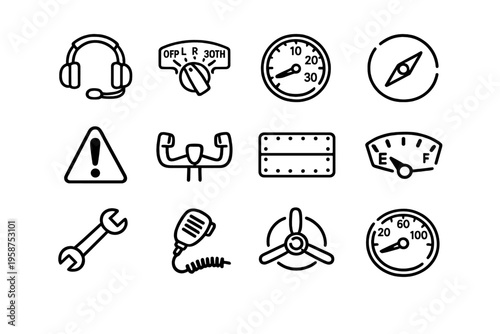 A collection of twelve minimalist black line icons representing