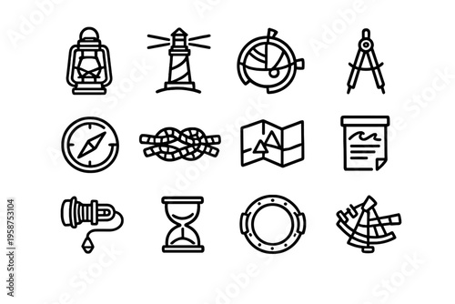 A collection of twelve nautical and maritime navigation icons in a
