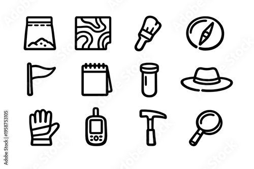 A set of twelve minimalist line icons representing archaeology and