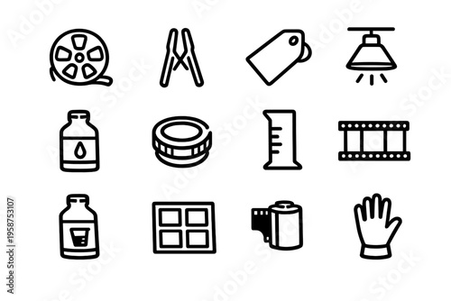 A collection of twelve black and white line icons representing analog