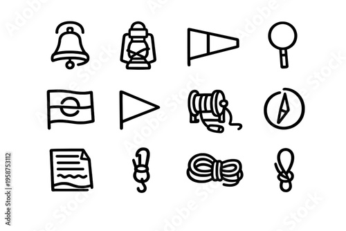 A collection of twelve hand-drawn nautical icons featuring a bell