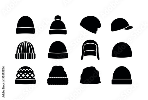 Collection of diverse black hat icons representing various styles and winter headwear