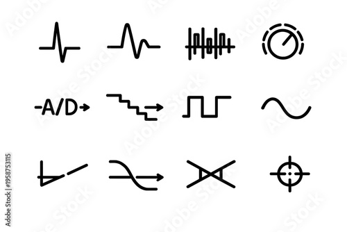 A set of twelve minimalist black line icons representing various