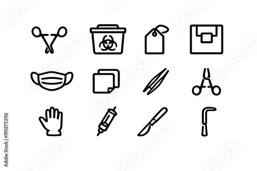 A set of twelve minimalist line art icons representing medical and