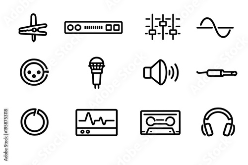 A collection of twelve minimalist black line icons representing audio