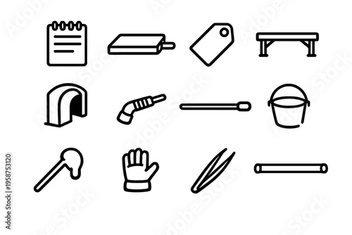 A set of twelve minimalist line icons featuring various tools and
