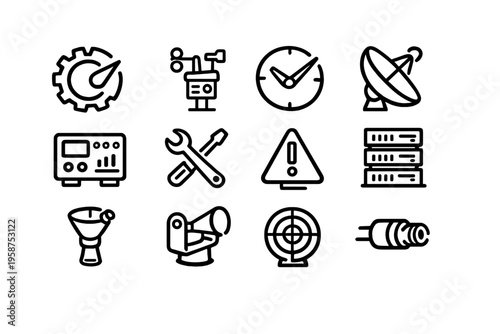 A set of twelve black line icons representing technology and