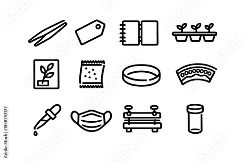 A collection of twelve black line icons representing botany and plant