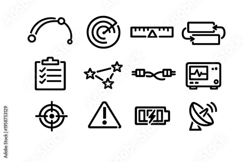 A collection of twelve black line icons representing technology and