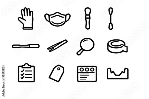 Forensic investigation icons set featuring tools for evidence