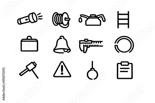 A collection of twelve minimalist black line icons representing