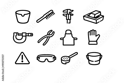 A collection of twelve minimalist line icons representing metal