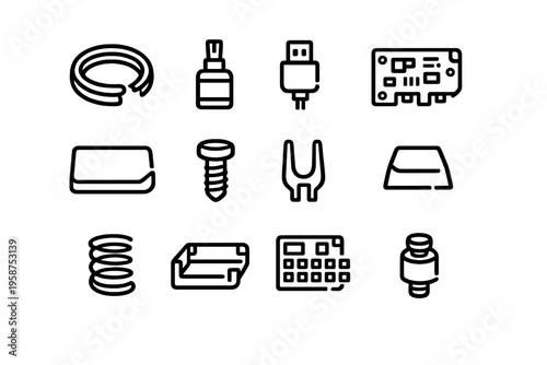 A collection of twelve minimalist line art icons representing various