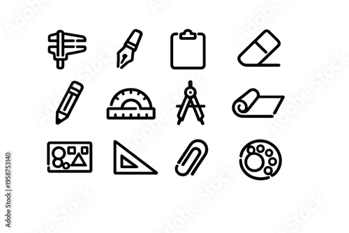 Drafting and drawing tools icon set featuring a caliper, pencil