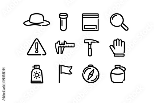 A collection of twelve minimalist black line icons representing