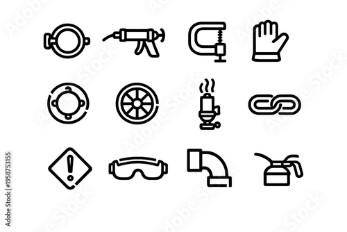 A collection of twelve minimalist black line icons representing