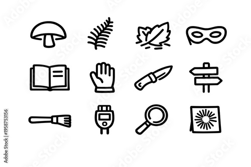 A collection of twelve hand-drawn black line icons on a white
