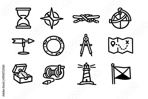 A collection of twelve hand-drawn nautical and navigation icons in a
