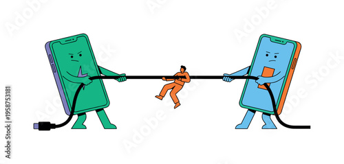 Two smartphones in a tug-of-war with a person caught in the middle