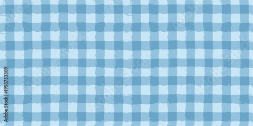 Watercolor gingham vector pattern, baby blue plaid seamless background, checkered grunge stripes, paintbrush lines