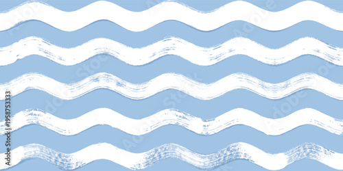Seamless Summer Wave Pattern, Hand drawn watercolor sea vector background. Wavy beach print, curly grunge paint water lines.