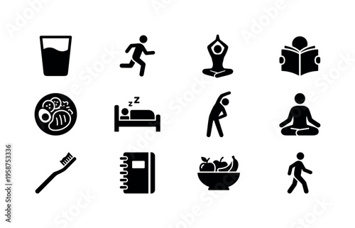 Icons representing healthy daily habits for a balanced lifestyle