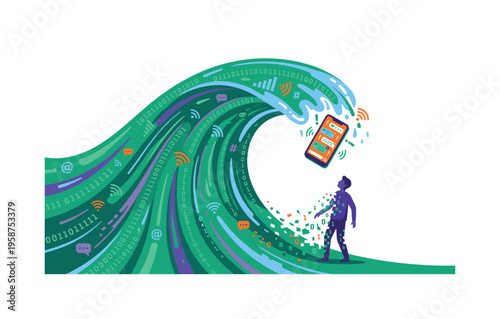 Man overwhelmed by a digital wave of data and communication symbols