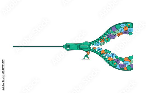 Man closing a zipper filled with colorful speech bubbles and ideas