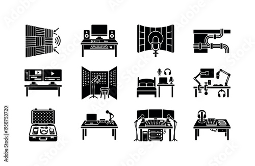 Home studio setup icons for audio recording and content creation