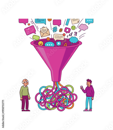 Generational communication gap visualized with a funnel and tangled cords