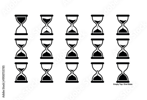 Collection of hourglass icons showing different stages of time passing