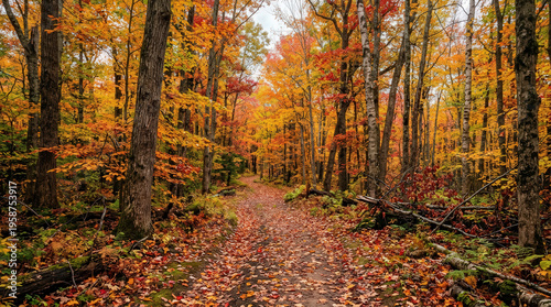 Serene Autumn Forest Path with Vibrant Fall Foliage and Tree-lined Trail
