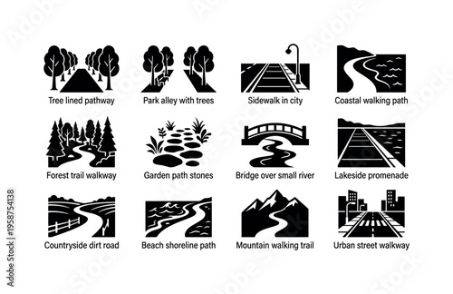 Collection of diverse outdoor and urban pathway icons for design