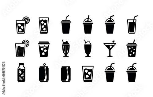 Collection of black icons representing various cold beverages and drinks