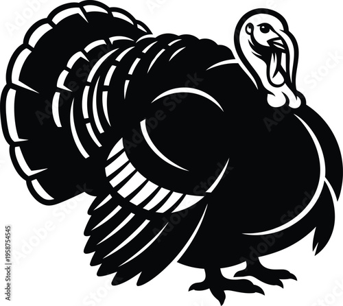 A black and white illustration of a turkey