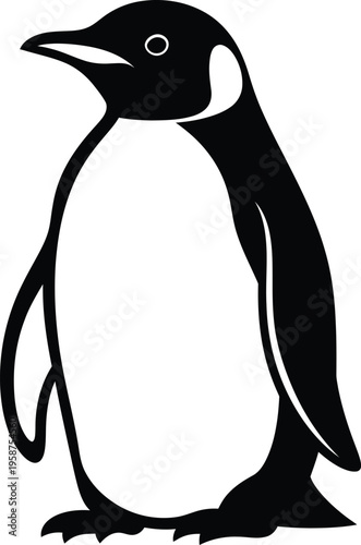 A black and white illustration of a penguin standing upright