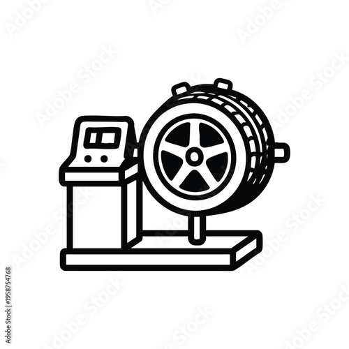 Black and white vector icon of car wheel balancing machine for auto maintenance and tire service