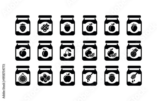 Collection of fruit jam jars with various fruit icons on labels