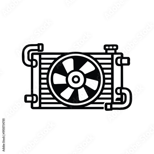 Car radiator with cooling fan black and white vector icon for auto repair and vehicle maintenance service