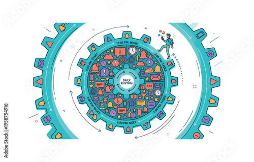Daily rhythm concept illustrated with a gear full of notifications and time segments